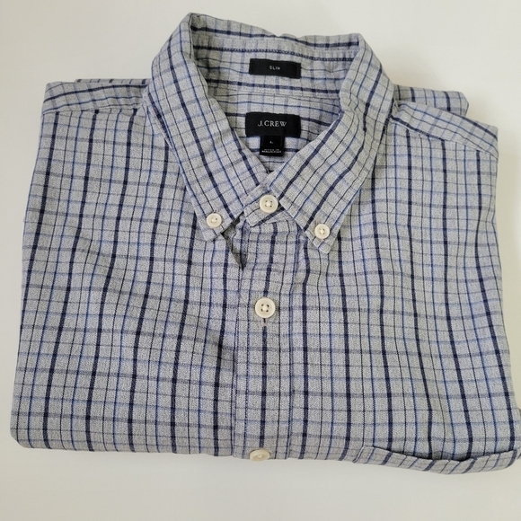 J. Crew Mens Large Blue White Plaid Check Long‎ Sleeve Button Down Shirt Cotton - Picture 13 of 14